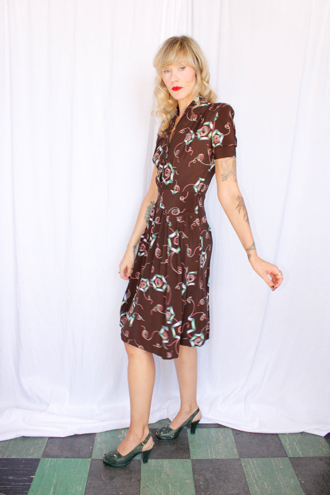 1940s Autumn Abstract Spiderweb Rayon Dress - Medium