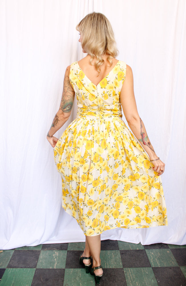 1950s Yellow Floral Cotton Dress - M/L