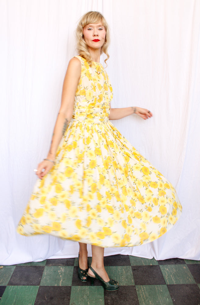 1950s Yellow Floral Cotton Dress - M/L