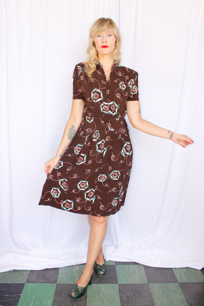 1940s Autumn Abstract Spiderweb Rayon Dress - Medium