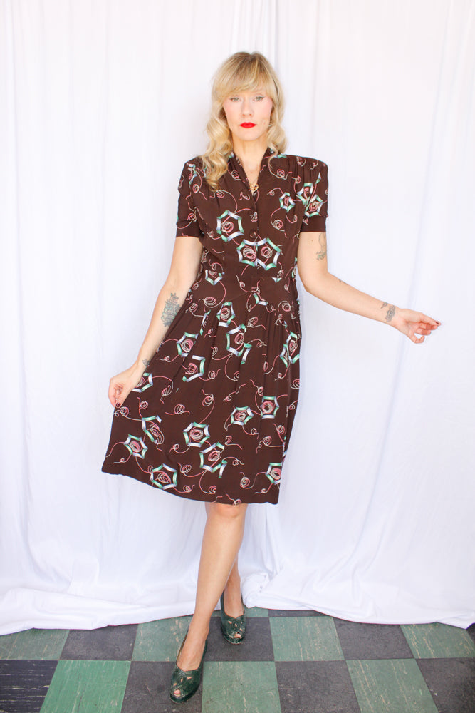 1940s Autumn Abstract Spiderweb Rayon Dress - Medium