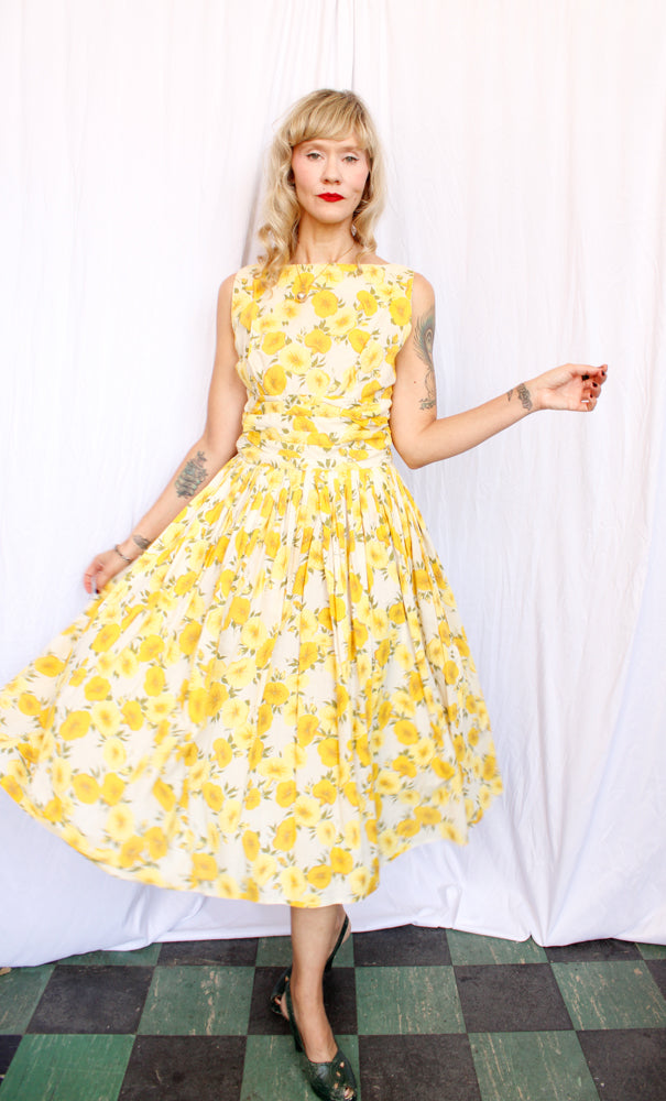 1950s Yellow Floral Cotton Dress - M/L