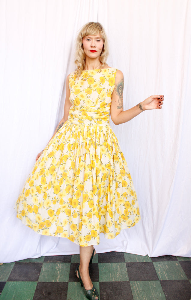 1950s Yellow Floral Cotton Dress - M/L