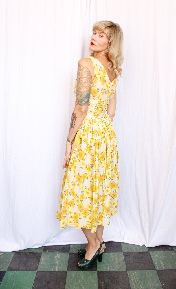 1950s Yellow Floral Cotton Dress - M/L