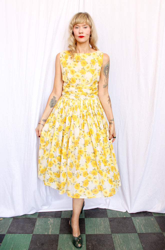 1950s Yellow Floral Cotton Dress - M/L