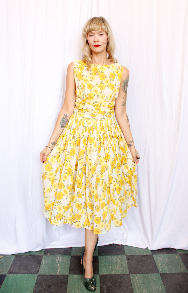 1950s Yellow Floral Cotton Dress - M/L