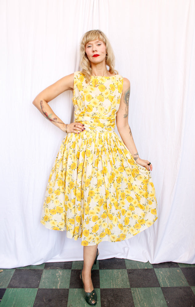 1950s Yellow Floral Cotton Dress - M/L