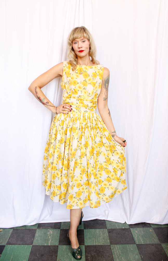 1950s Yellow Floral Cotton Dress - M/L