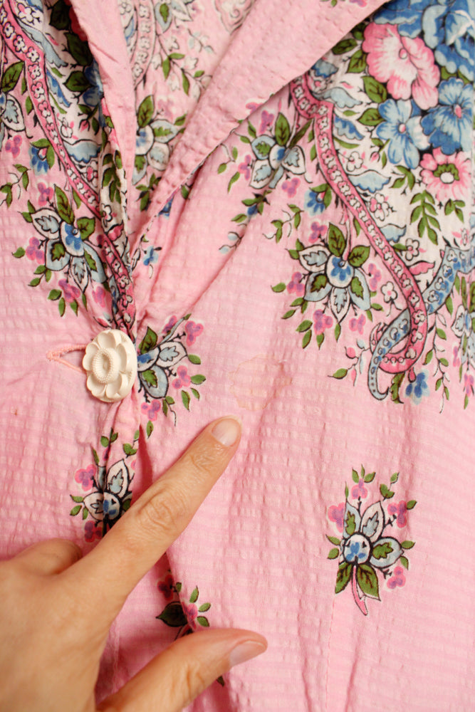 1940s Seersucker Floral Dressing Gown - M/L