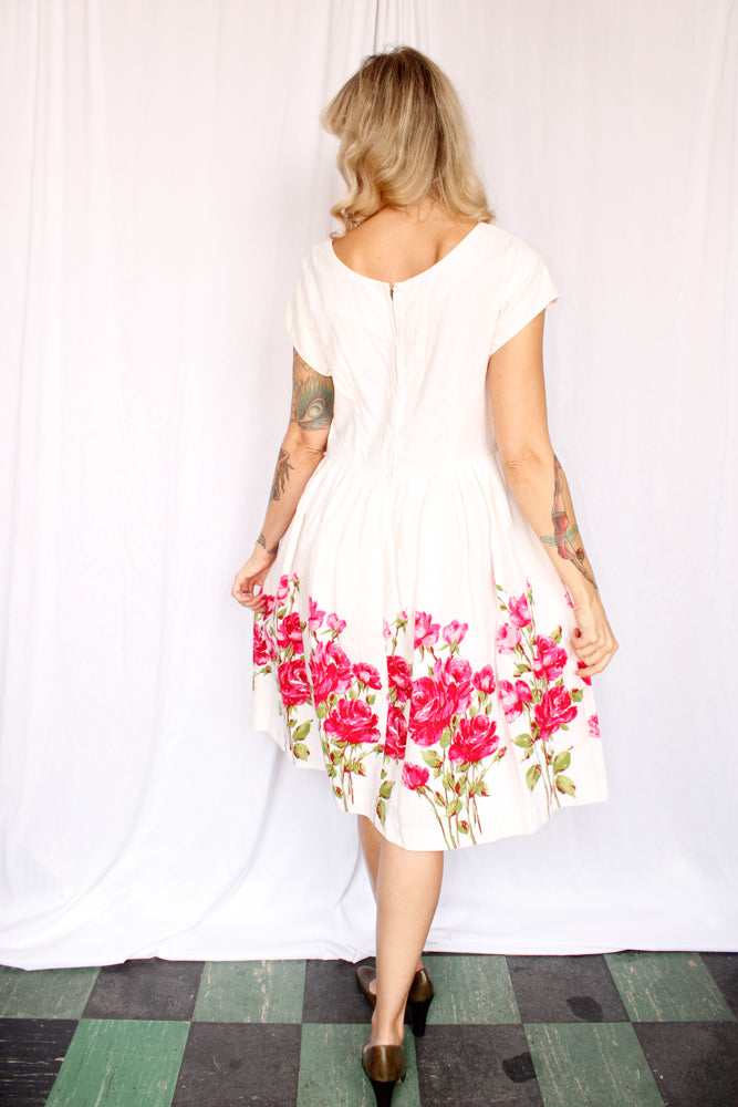 1950s Rose Border Print Cotton Dress - M/L