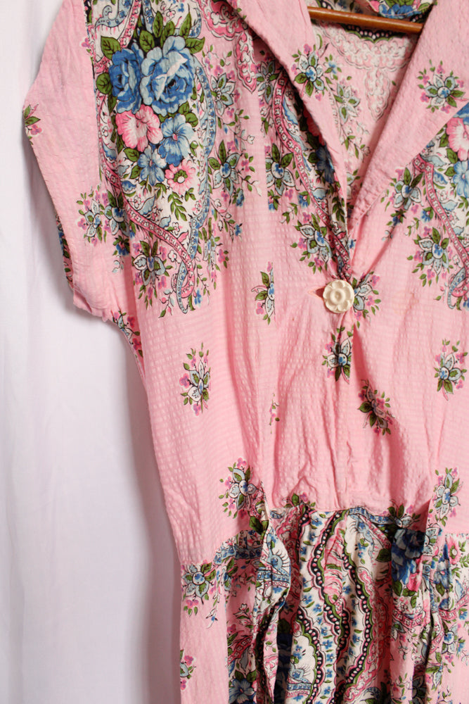 1940s Seersucker Floral Dressing Gown - M/L