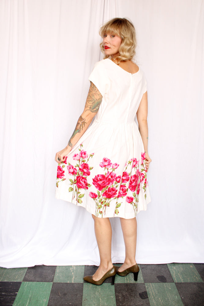 1950s Rose Border Print Cotton Dress - M/L