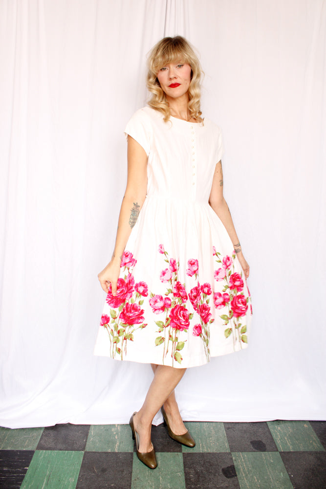 1950s Rose Border Print Cotton Dress - M/L