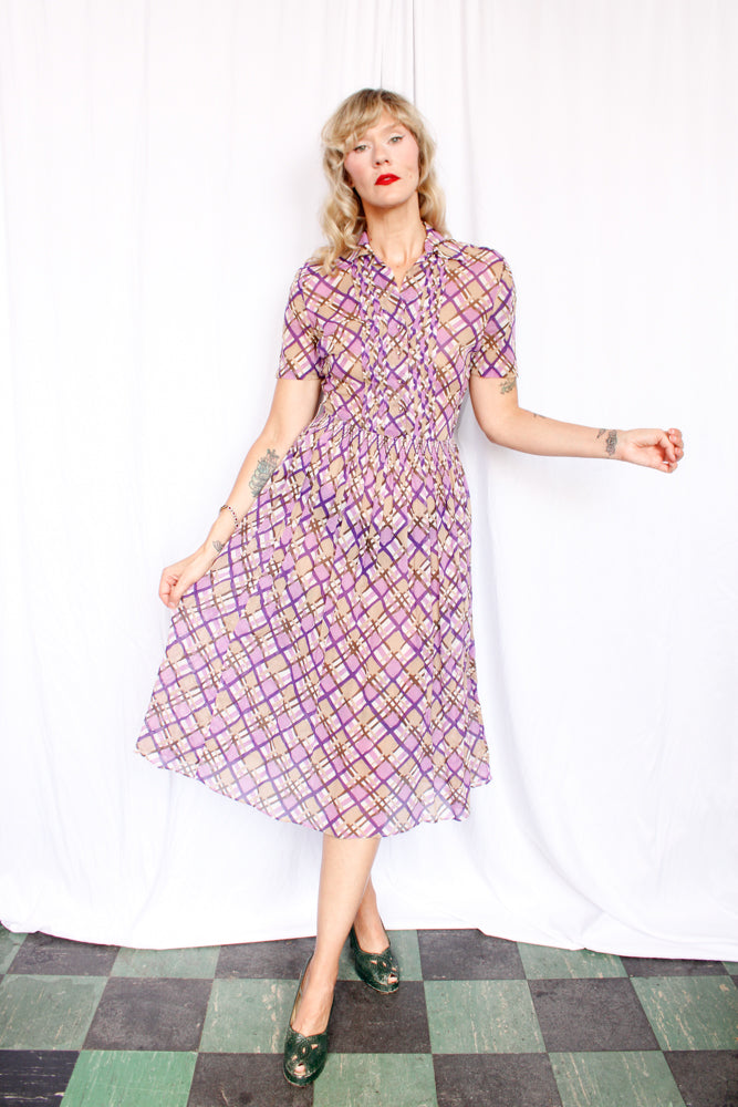 1940s Irene Dare Plaid Cotton dress - Small