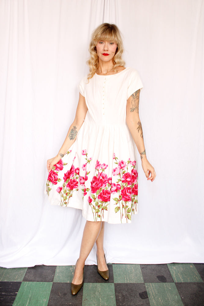 1950s Rose Border Print Cotton Dress - M/L