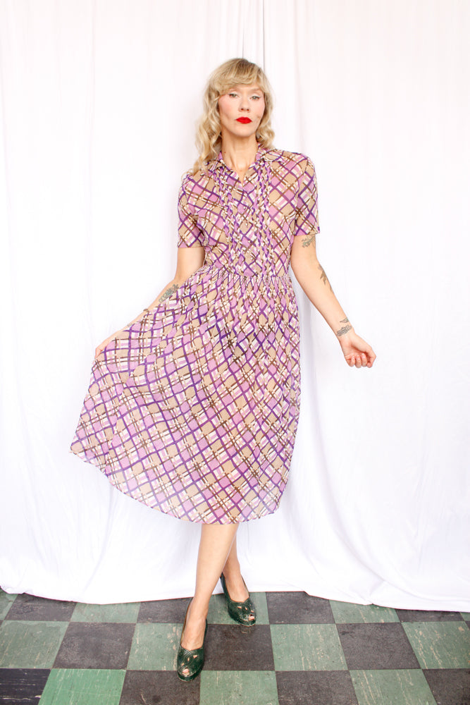 1940s Irene Dare Plaid Cotton dress - Small