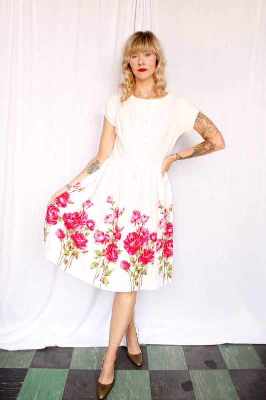 1950s Rose Border Print Cotton Dress - M/L