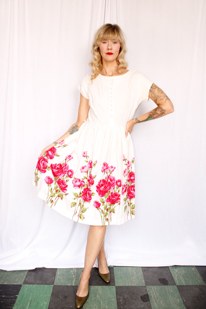 1950s Rose Border Print Cotton Dress - M/L