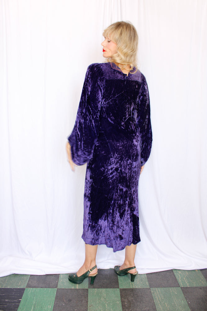 1930s Purple Velvet Bias Cut Dress - Small