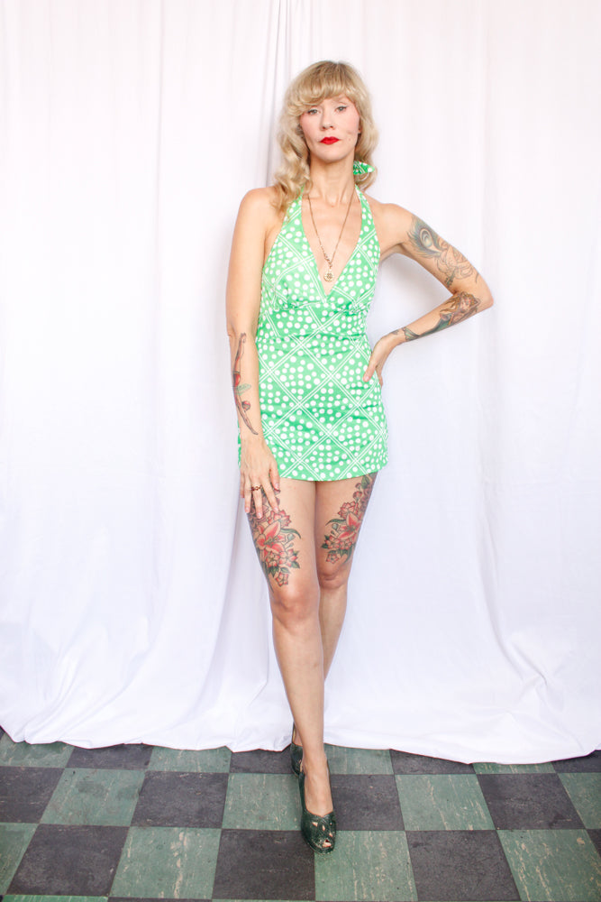 1970s Floral Green Romper Halter Playsuit - Small