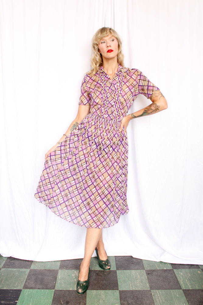 1940s Irene Dare Plaid Cotton dress - Small