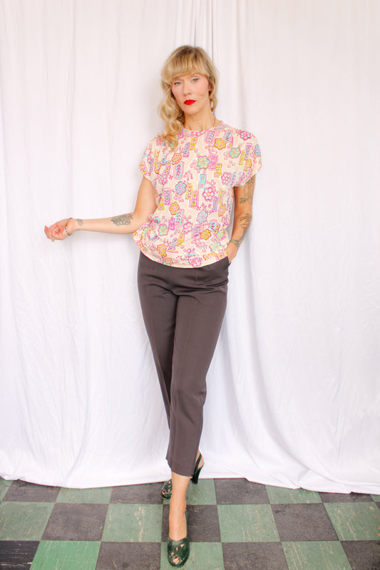 1940s Rayon Jersey Print Top - Large