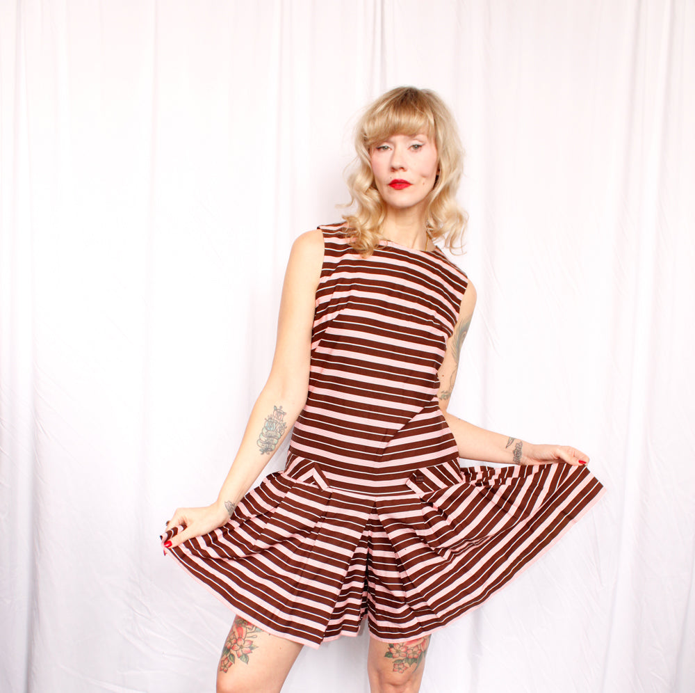 1960s Mint Chocolate Striped Romper - Medium