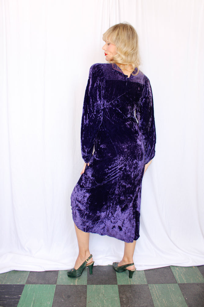 1930s Purple Velvet Bias Cut Dress - Small