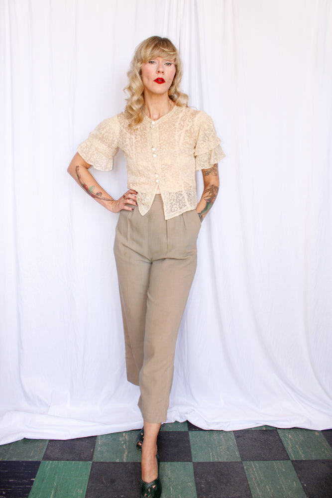 1930s Lace Blouse with Glass Buttons - Small