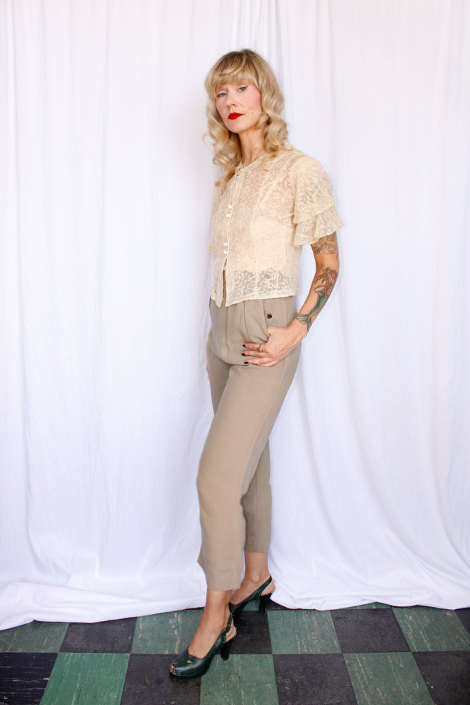 1930s Lace Blouse with Glass Buttons - Small