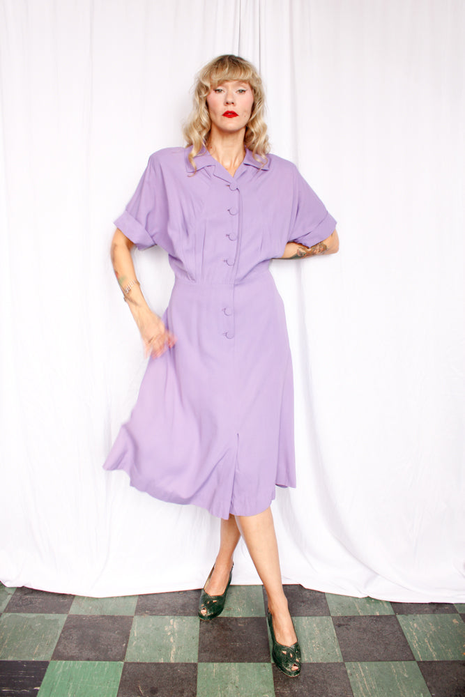 1940s Gabardine Lavender Purple Dress - XL