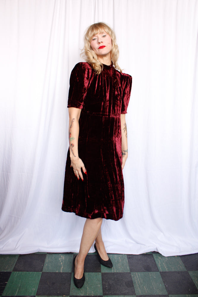 1930s Burgundy Silk Velvet Dress - Petite Medium