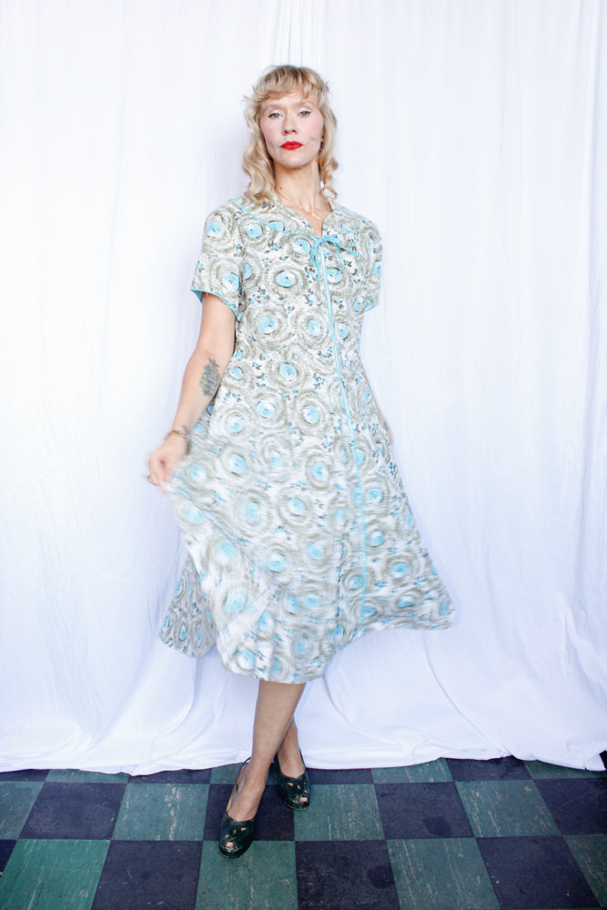 Early 1950s Blue Floral Day Dress - XXL