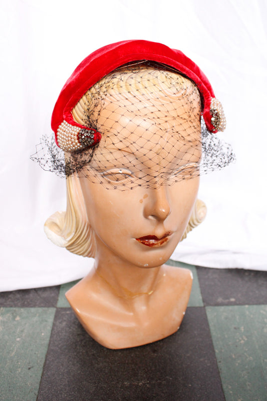 1940s Red Velvet Hat with Veil