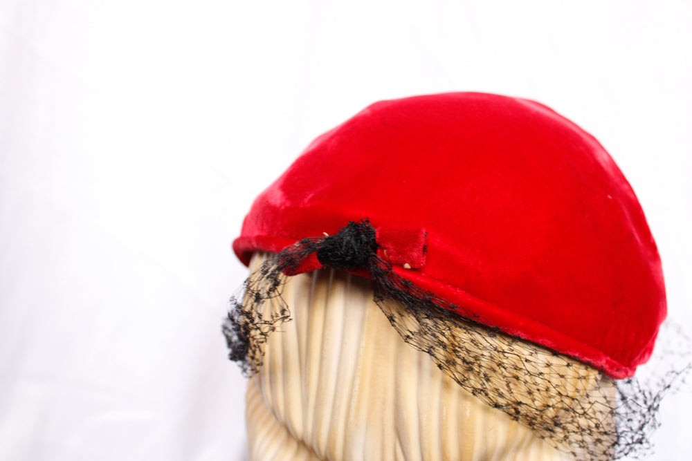 1940s Red Velvet Hat with Veil