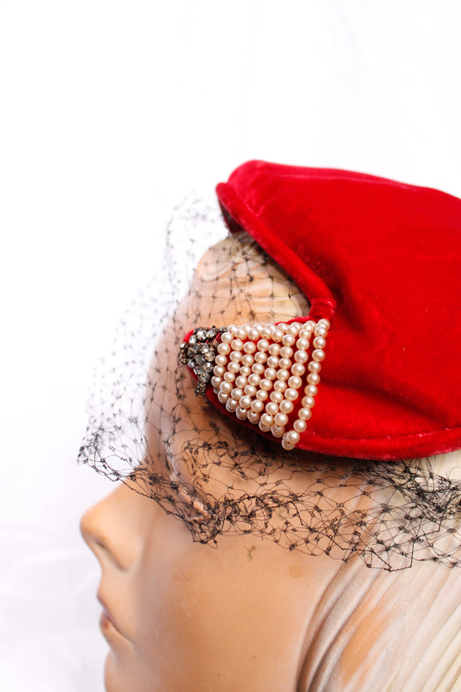 1940s Red Velvet Hat with Veil