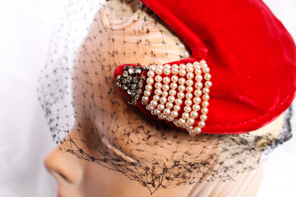 1940s Red Velvet Hat with Veil