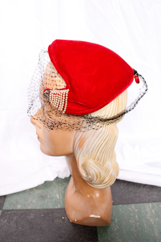 1940s Red Velvet Hat with Veil