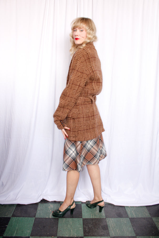 1990s Ralph Lauren Brown Plaid Wool 20s Style Belted Cardigan Sweater - XL