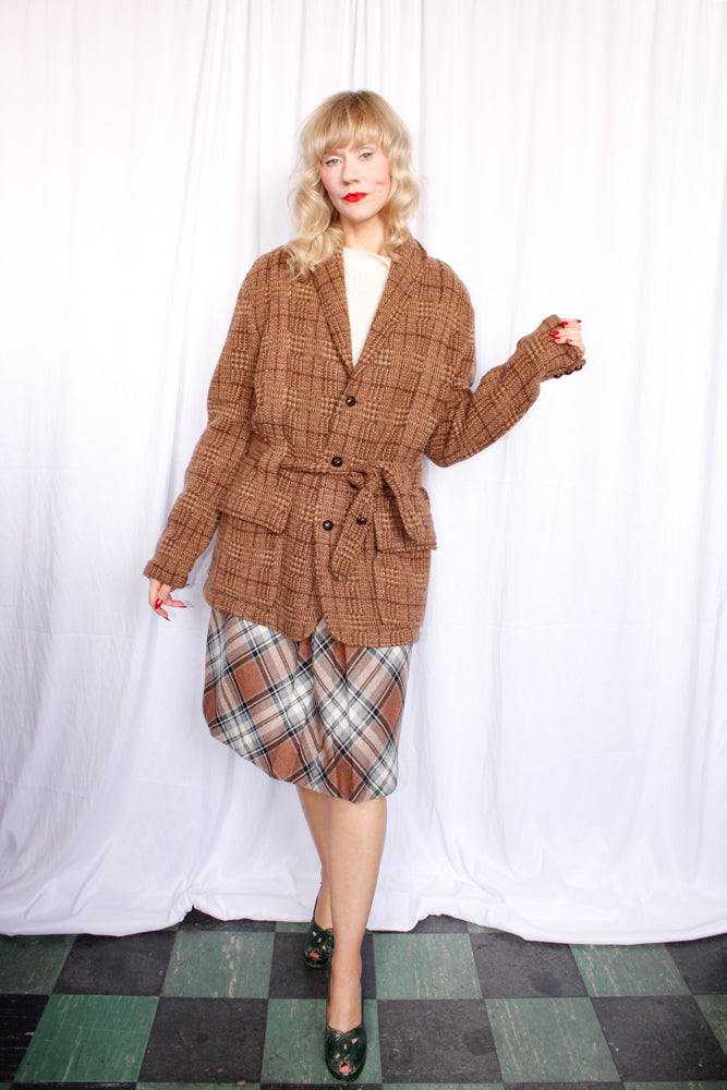 1990s Ralph Lauren Brown Plaid Wool 20s Style Belted Cardigan Sweater - XL