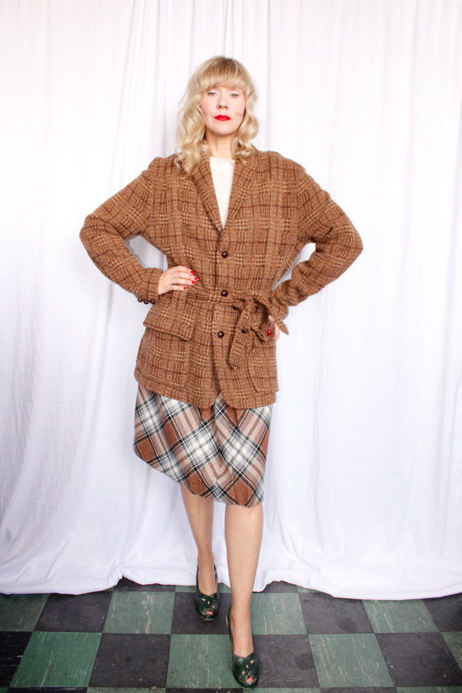 1990s Ralph Lauren Brown Plaid Wool 20s Style Belted Cardigan Sweater - XL