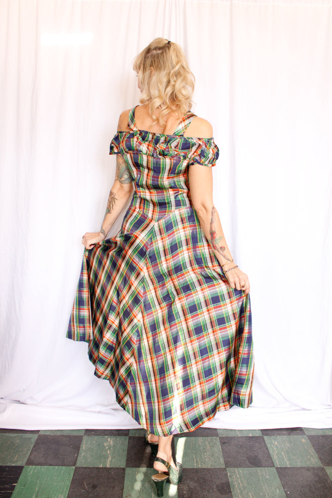 1940s Plaid Silk Taffeta Gown - Small