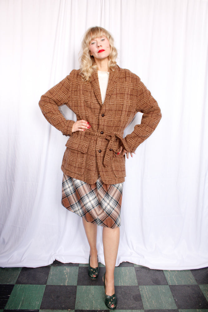 1990s Ralph Lauren Brown Plaid Wool 20s Style Belted Cardigan Sweater - XL