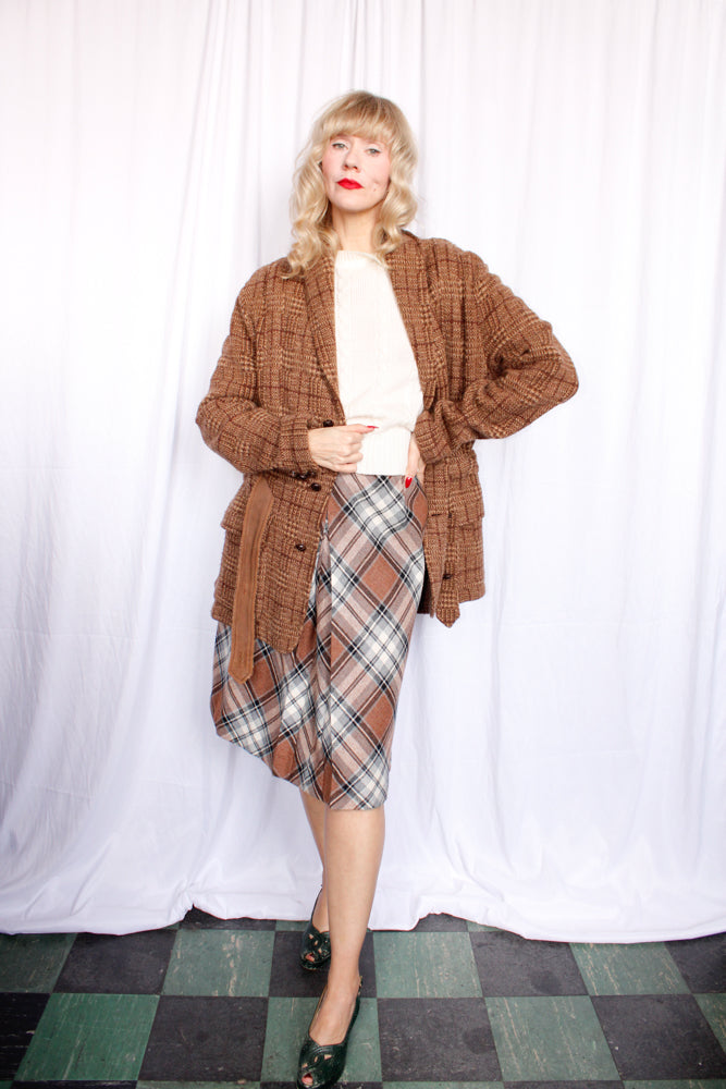 1990s Ralph Lauren Brown Plaid Wool 20s Style Belted Cardigan Sweater - XL