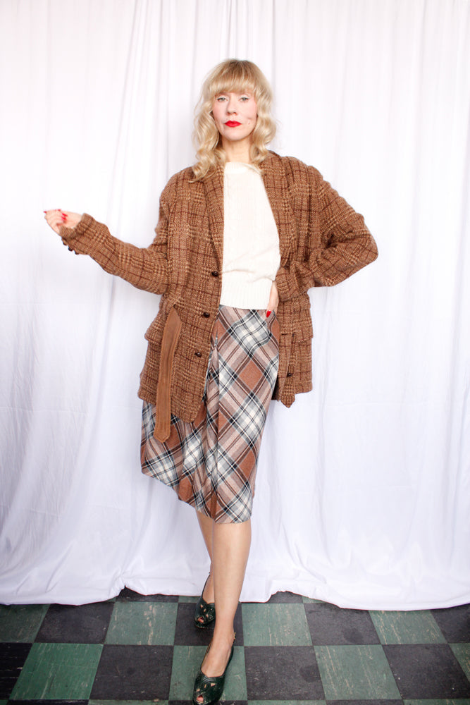 1990s Ralph Lauren Brown Plaid Wool 20s Style Belted Cardigan Sweater - XL