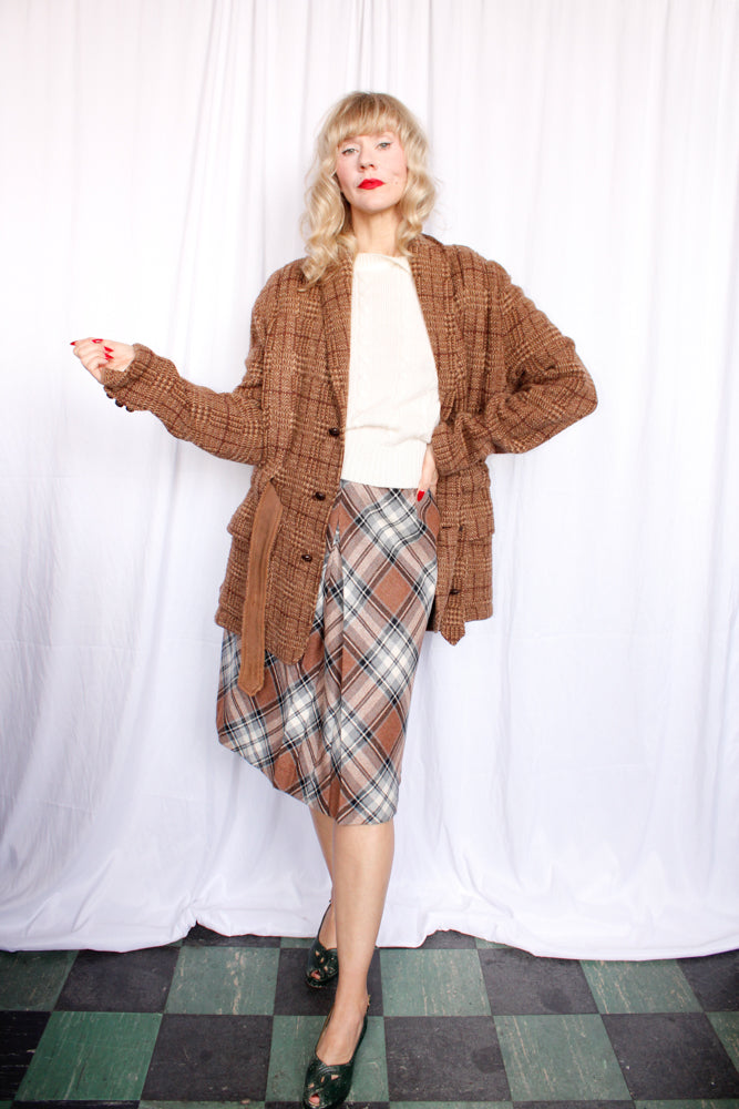 1990s Ralph Lauren Brown Plaid Wool 20s Style Belted Cardigan Sweater - XL