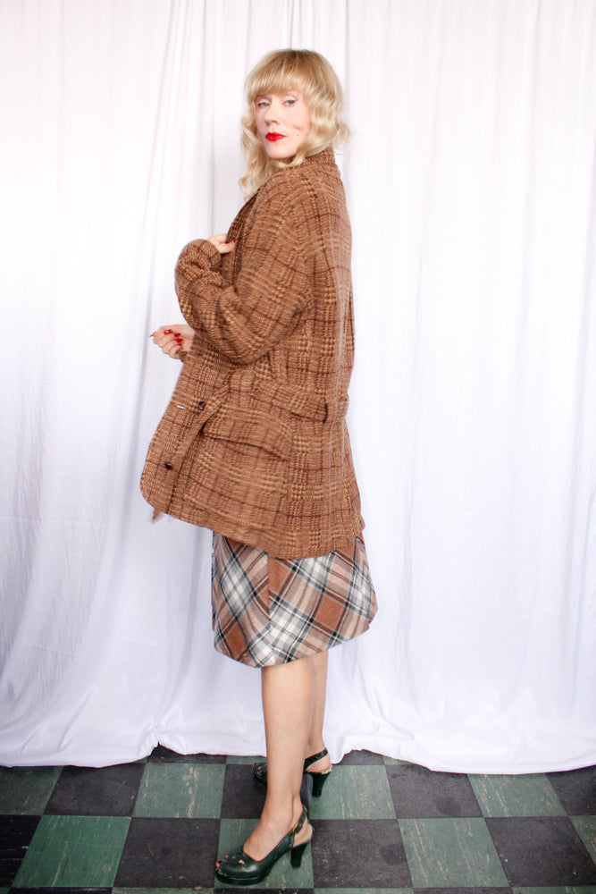 1990s Ralph Lauren Brown Plaid Wool 20s Style Belted Cardigan Sweater - XL