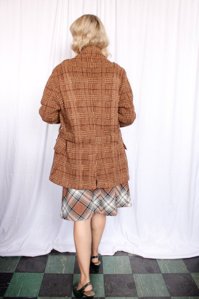 1990s Ralph Lauren Brown Plaid Wool 20s Style Belted Cardigan Sweater - XL