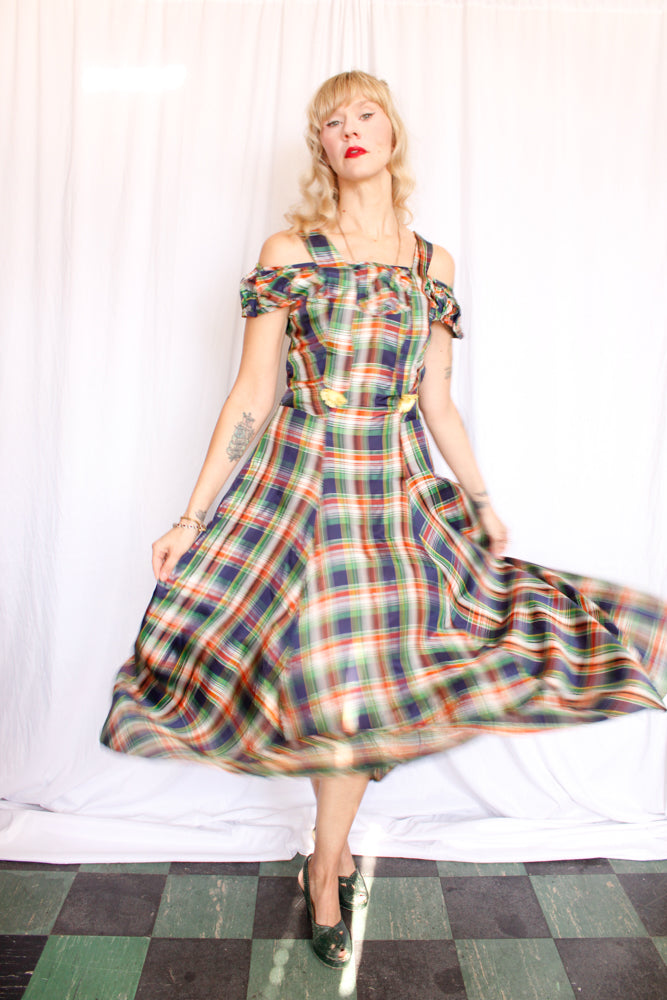 1940s Plaid Silk Taffeta Gown - Small