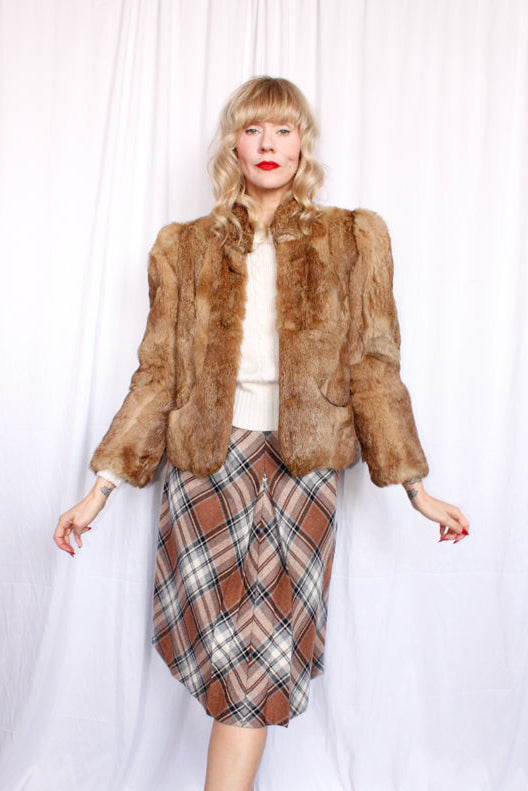 1980s Rabbit Silk Lined Cropped Fur Coat - Small 
